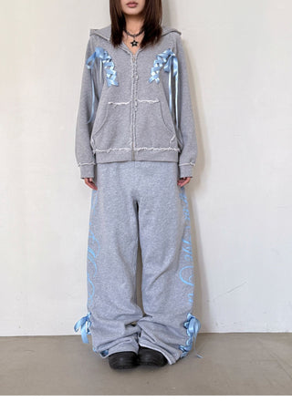 [EatmePlz] Contrast Ribbon Casual Wide-leg Sweatpants Set