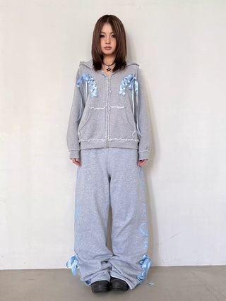 [EatmePlz] Contrast Ribbon Casual Wide-leg Sweatpants Set