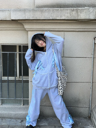 [EatmePlz] Contrast Ribbon Casual Wide-leg Sweatpants Set