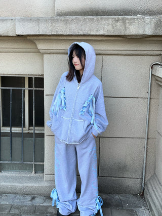 [EatmePlz] Contrast Ribbon Casual Wide-leg Sweatpants Set