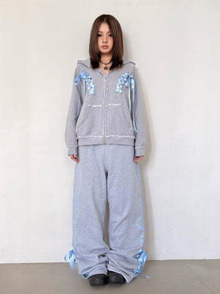 [EatmePlz] Contrast Ribbon Casual Wide-leg Sweatpants Set