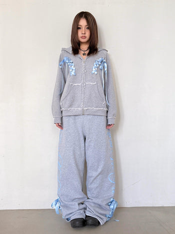 [EatmePlz] Contrast Ribbon Casual Wide-leg Sweatpants Set
