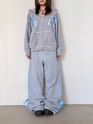 [EatmePlz] Contrast Ribbon Casual Wide-leg Sweatpants Set