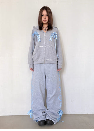 [EatmePlz] Contrast Ribbon Casual Wide-leg Sweatpants Set