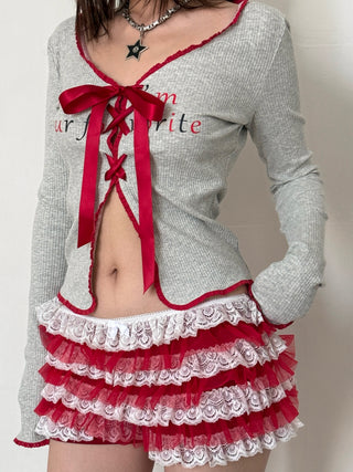 [EatmePlz] Contrast Color Lace Mid-Waist Puff Shorts