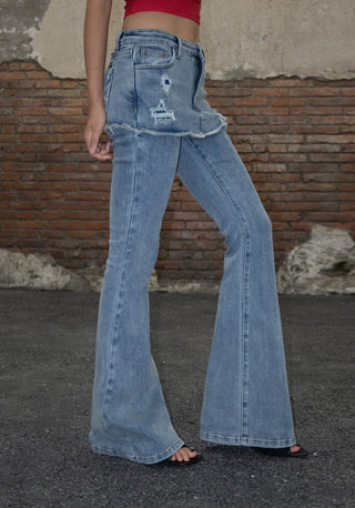 [EatmePlz] California Fake Two-Layer Low-Rise Flared Jeans