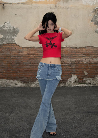 [EatmePlz] California Fake Two-Layer Low-Rise Flared Jeans