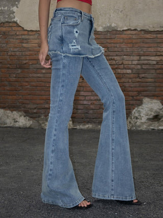 [EatmePlz] California Fake Two-Layer Low-Rise Flared Jeans
