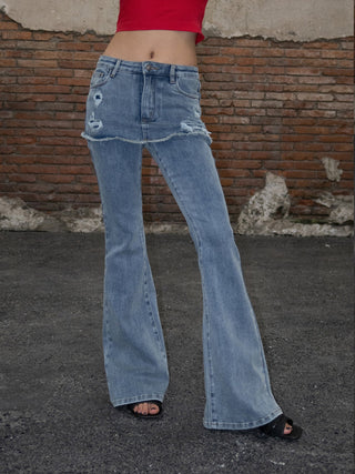 [EatmePlz] California Fake Two-Layer Low-Rise Flared Jeans
