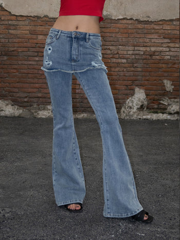 [EatmePlz] California Fake Two-Layer Low-Rise Flared Jeans