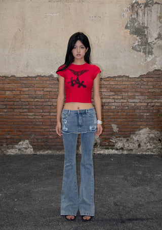 [EatmePlz] California Fake Two-Layer Low-Rise Flared Jeans