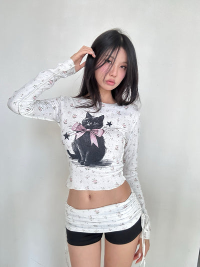 [EatmePlz] Black Cat Floral Knit Top & Floral Shorts Set