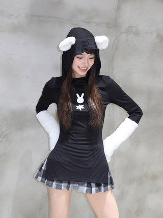 [EatmePlz] Bunny print plush sleeves slim top