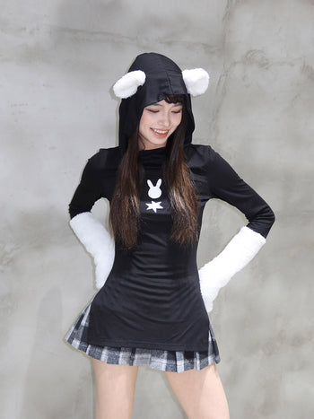 [EatmePlz] Bunny print plush sleeves slim top