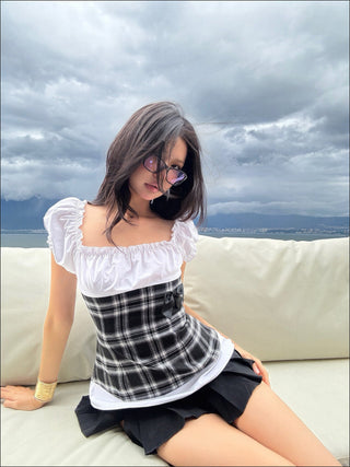 [EATMEPLZ] plaid puff shirt