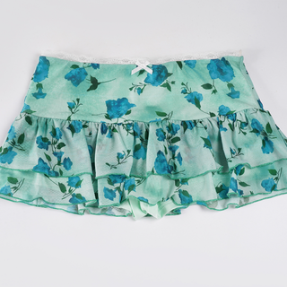 Flower print lace hem bowknot ruffle mini skirt