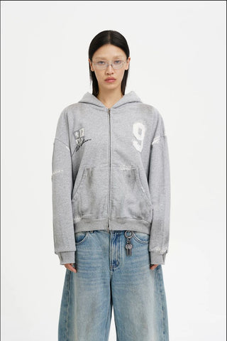 [MASONPRINCE] Boxy Fit Distressed Patch Zip-Up Hoodie