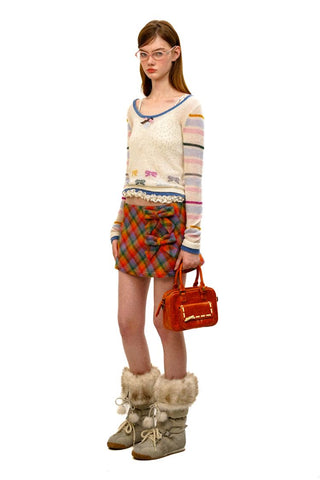 [Moromoro2] Wool Plaid Bow Mini Skirt