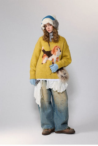[Monterest] Relaxed Fit Dog Pattern Knit Sweater