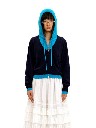 [Moromoro2] Patchwork Distressed Layered Hooded  Sweater