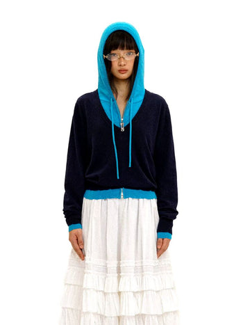 [Moromoro2] Patchwork Distressed Layered Hooded  Sweater