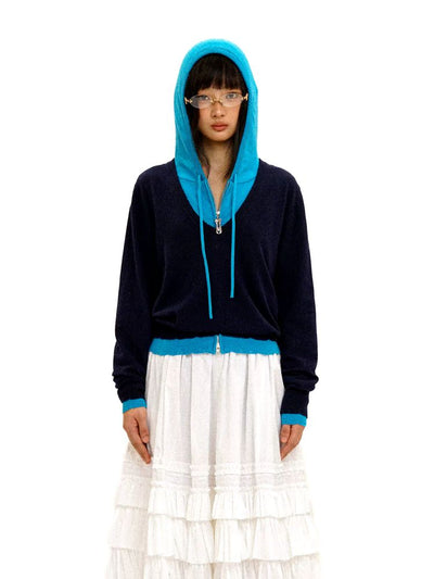 [Moromoro2] Patchwork Distressed Layered Hooded  Sweater