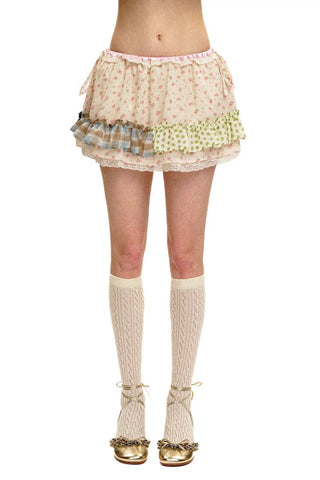 [Moromoro2] Patchwork Ruffle Floral Mini  Skirt