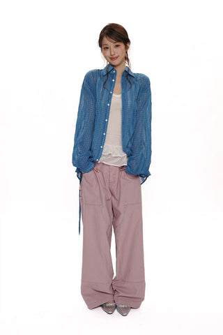 [Moromoro2] Sheer Plaid Mesh Tie-Back Shirt