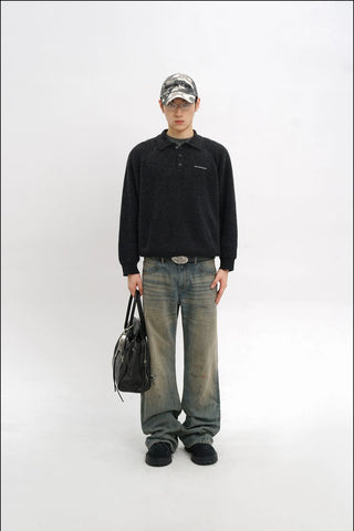 [MASONPRINCE] Wool Textured Mosaic Polo Collar Sweater
