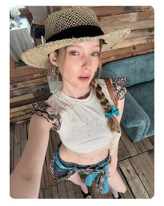 [NECY] Floral Leopard Flutter Crop Top