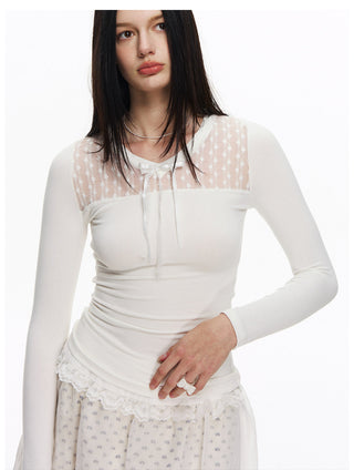 [NECY] Pure Floral Lace Ribbon Slim Top