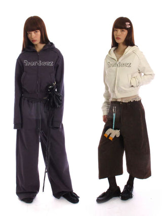 [NeverSeez] Cropped Raw Edge Hooded Zip-Up