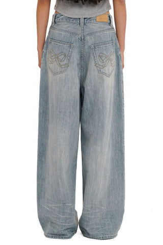 [Moromoro2] Rhinestone Bow Embroidered  Denim