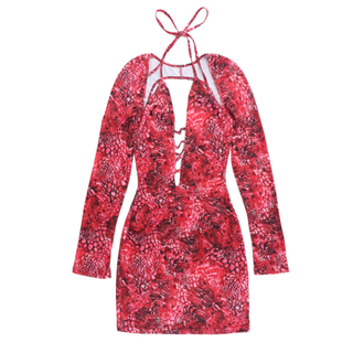 Long sleeve hollow out self tie print cut out mini dress