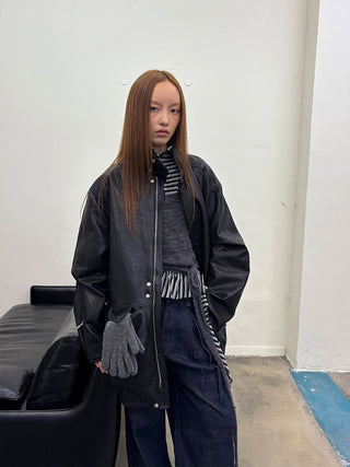 [NeverSeez] Padded PU Leather Trench Coat