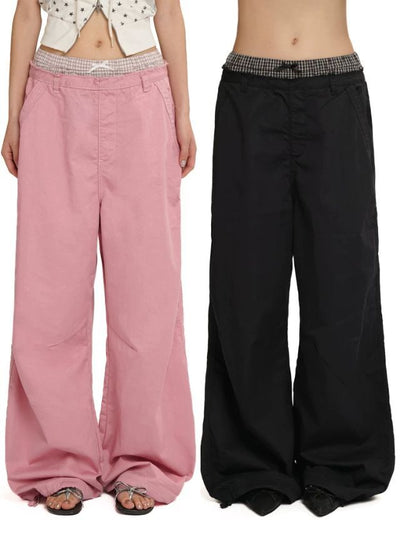 [Moromoro2] Layered Plaid Waist Wide Leg  Pants