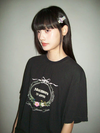 [Moromoro2] Bow Embroidery Flower Washed Cotton  Tee