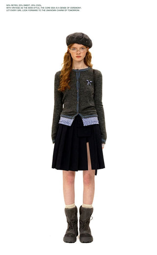 [Moromoro2] Layered Hem Plaid Bow Slim Fit  Cardigan