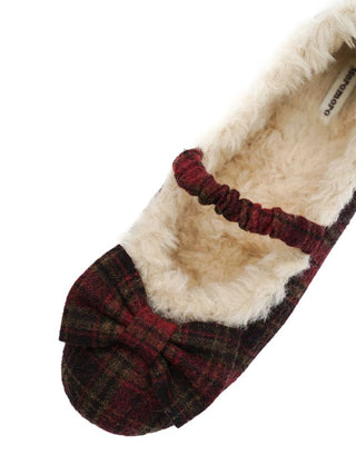 [Moromoro2] Plaid Bow Fur-Lined Ballet  Flats