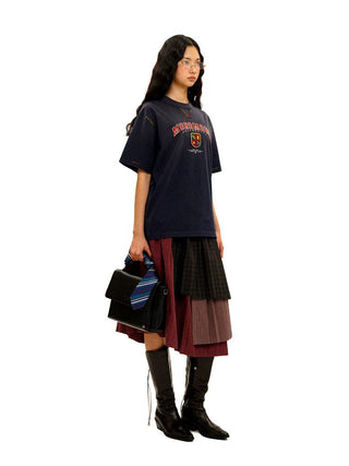 [Moromoro2] Layered Plaid Patchwork Midi  Skirt