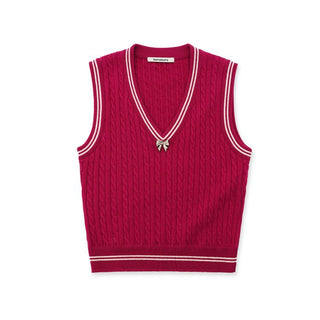 [Moromoro2] Cable Knit Bow Detail V-Neck  Vest