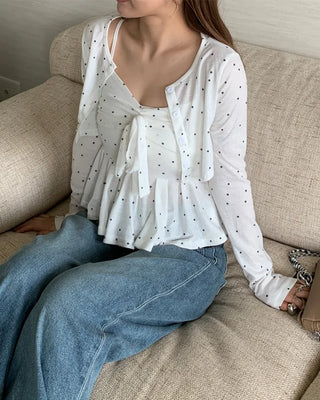 Bust Ribbon Dot Sleeveless Top & Cardigan Set