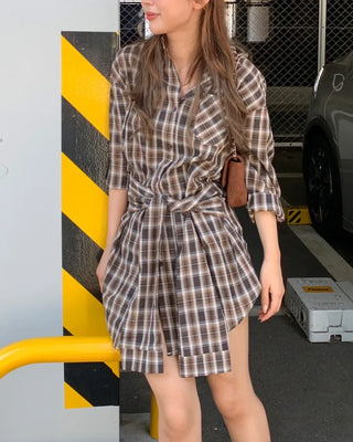 Waist-string check long shirt