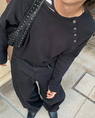 Side-button long-sleeved cut and sew