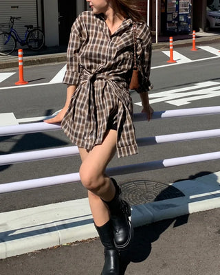 Waist-string check long shirt