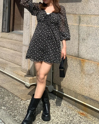 2-Way Heart Neck String Bust Flower Mini Dress