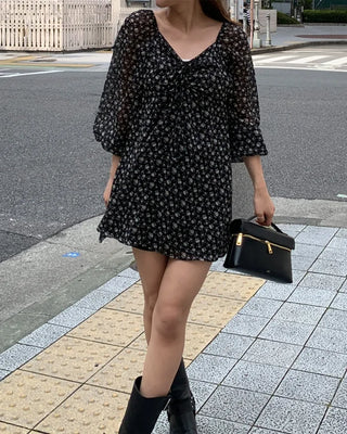 2-Way Heart Neck String Bust Flower Mini Dress