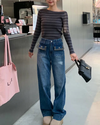Lace pocket denim pants