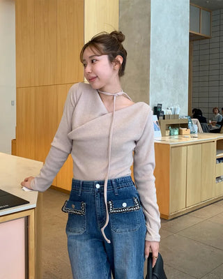 Choker Set Shirred Off-Shoulder Slim Knit