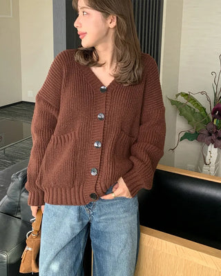 Ribbed V-neck Loose Cardigan